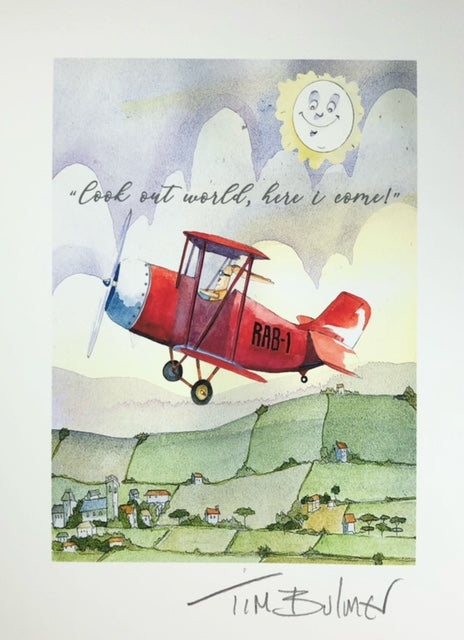 Rabbit in a Plane "Look out World" A5 Giclee Nursery print
