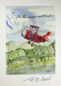 Rabbit in a Plane "To the moon and back" A5 Giclee Nursery print