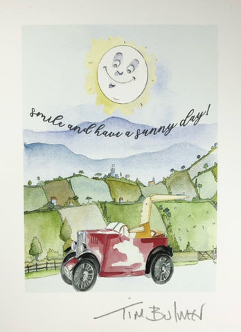 Rabbit in a Car "Smile and have a sunny day!" A5 Giclee Nursery print